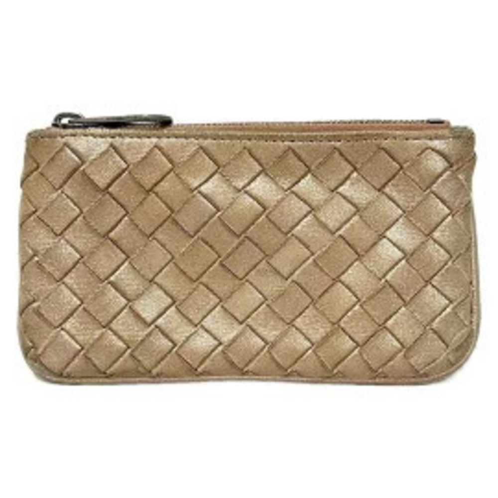 BOTTEGA VENETA Intrecciato coin case Wallet Key Ring Pink Gold Leather